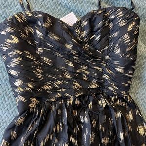 Max & Cleo Asymmetric High Low Dress Black and Gold Adjustable Strap Size 4 NWT